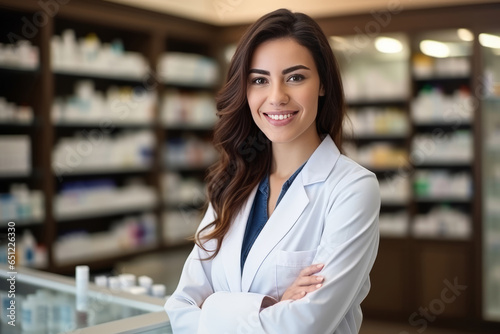 Lächelnde Apothekerin mit steht vor Verkaufstheke in der Apotheke, Sachkundige Beratung von Medikamenten