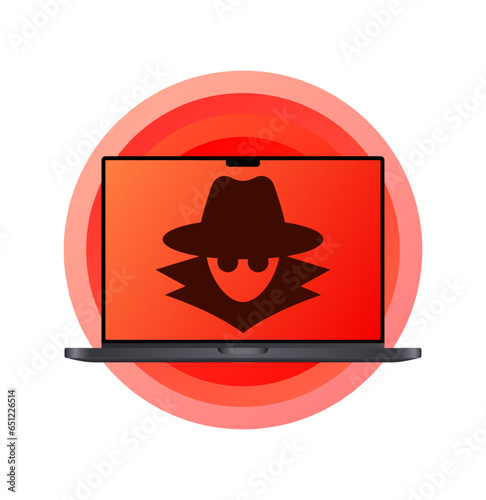 Fraudster on laptop screen. Flat, red, scammer on the screen, spam on the Internet, be careful scam. Vector icon