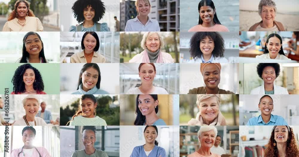 Diversity women and girls with happiness on collage, smiling and faces in international group. Montage, different age and ethnicity for inclusion, global and collaboration in various occupations.
