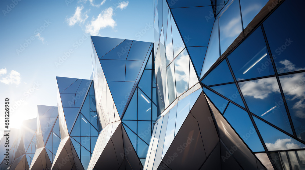 A modern building's facade with sharp angles and reflective surfaces ...