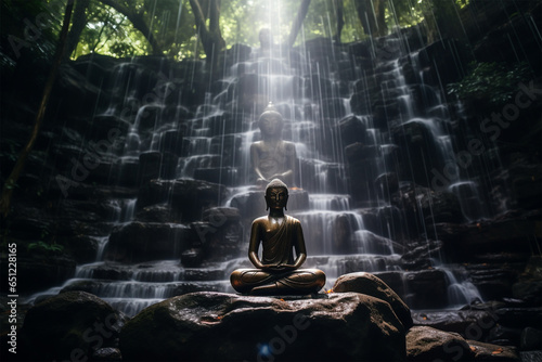 Buddha vor einem Wasserfall