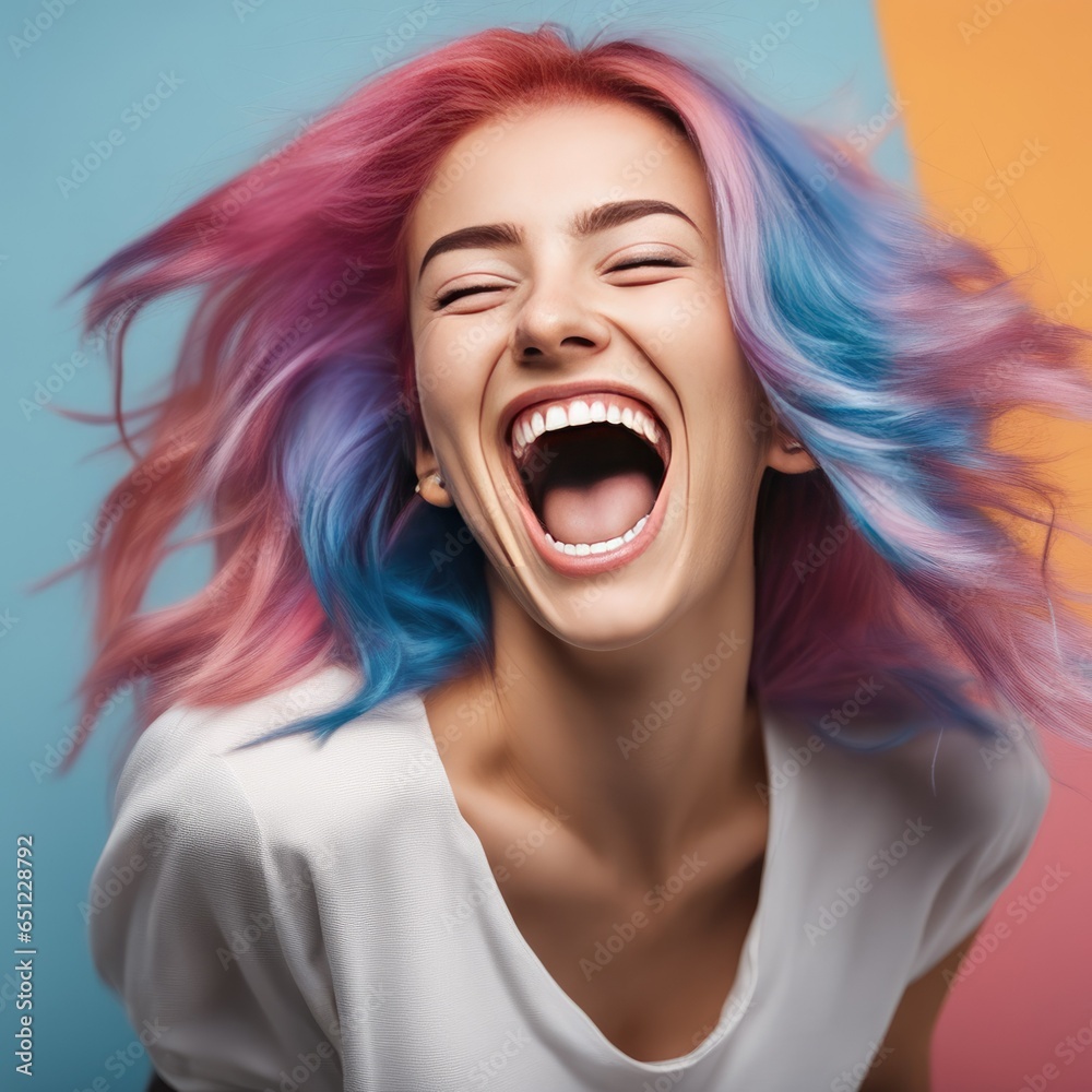 happy young woman with colored hair laughs and screams with joy