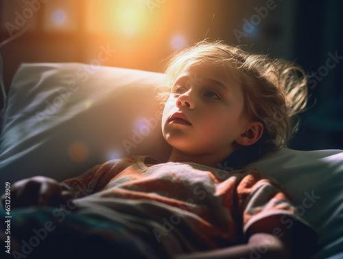 A sick boy lies on a bed in a dark hospital room. The boy was sick with a fever and was alone in his bed.