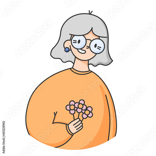 Portrait of a senior elderly woman isolated.Colored flat vector illustration of a gray-haired person.Sticker,print template of retired happy grandma