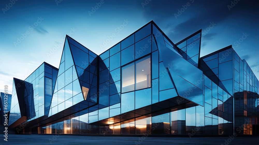 The modern building's facade, featuring sharp angles and reflective ...