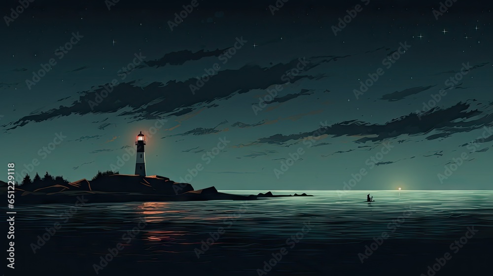  a painting of a lighthouse at night with a person in the water.  generative ai