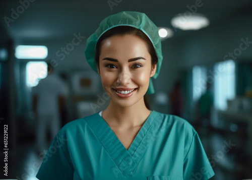 Portrait of a beautiful Asian doctor or a beautiful Asian nurse wearing a work uniform. Standing confidently looking at the camera in the hospital