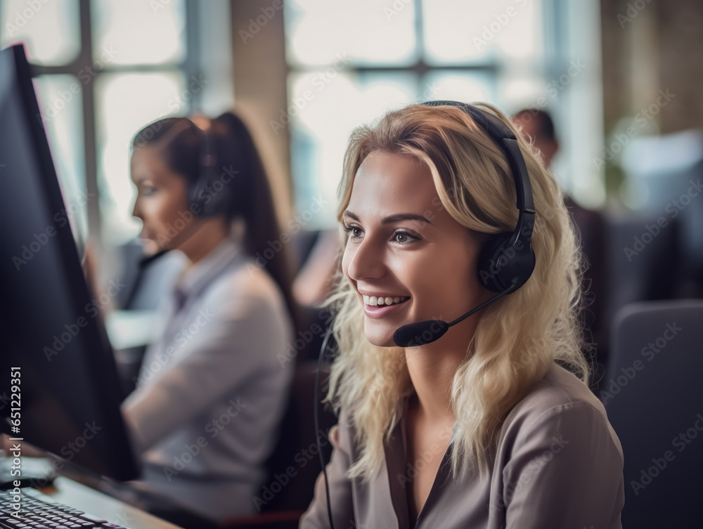 A diligent female call center agent, focused and dedicated, managing tasks on a computer within the central customer service hub. A diligent female call center agent, focused and dedicated, managing tasks on a computer within the central customer service hub.