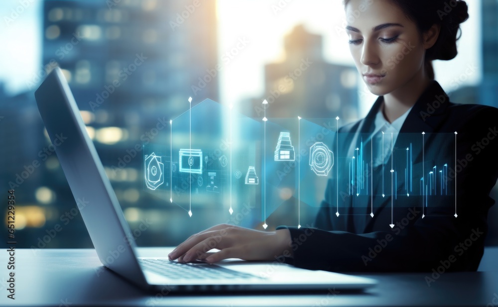 Obraz premium Secure office data and cybersecurity: Professional businesswoman in action