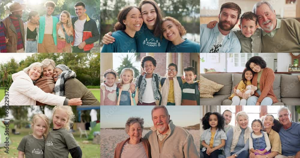 Collage, families and portrait of diversity or community with care, love and support together with outdoor happiness. Group, volunteer and montage of international or global people for development