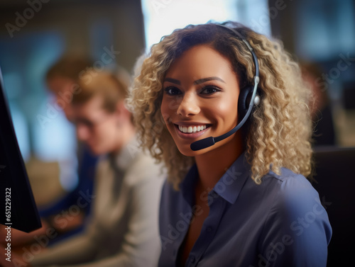 A diligent female call center agent, focused and dedicated, managing tasks on a computer within the central customer service hub. photo