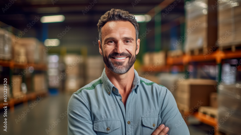 Portrait of a successful business owner transporting goods around the world. A seriously successful industrial male business owner walks in a warehouse or manufacturing plant. Portrait of a successful business owner transporting goods around the world. A seriously successful industrial male business owner walks in a warehouse or manufacturing plant.