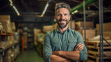 Portrait of a successful business owner transporting goods around the world. A seriously successful industrial male business owner walks in a warehouse or manufacturing plant.