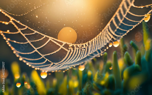 A close-up of a dew-covered spiderweb.
