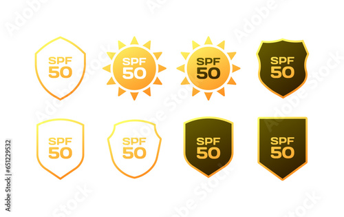 SPF 50 icons. Different styles, yellow, SPF 50 badges, sun protection sticker, SPF 50. Vector icon