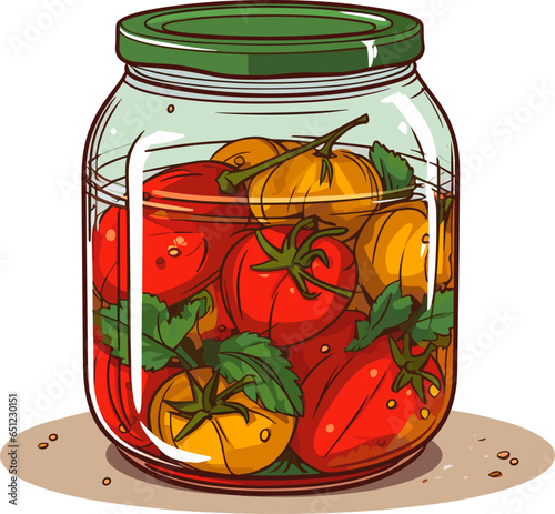 Jar preserved vegetables. Can of pickled tomatoes and pepper. Cartoon canned food in glass. Grocery conserve container