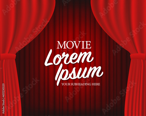 Curtain on stage. Red background with spotlight in theater or cinema. Red closed velvet curtain for circus, theatre, scene and club. Light of projector for ceremony on broadway. Vector illustration