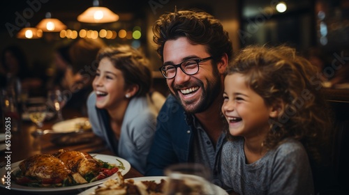Familie und Freunde genie  en gemeinsam am Tisch mit Teller voller traditioneller K  stlichkeiten das Erntedankfest oder Thanksgiving mit einem Festessen  fr  hliches Beisammensein beim Truthahn essen