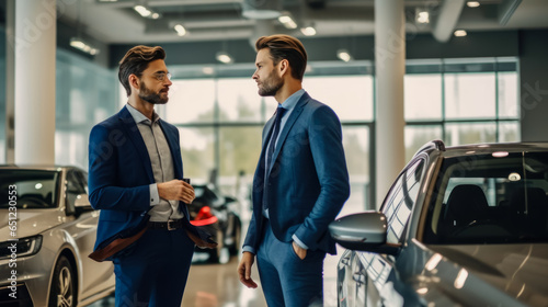 Male businessmen shake hands for work and agree on business integration and car trading. successful negotiations Businessmen shake hands in the background of a car showroom. © เลิศลักษณ์ ทิพชัย