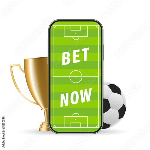 Bet now. Smart phone with football field for betting online concept. Trophy Cup. Champion trophy, shiny gold cup. Soccer ball. Business concept. Vector illustration