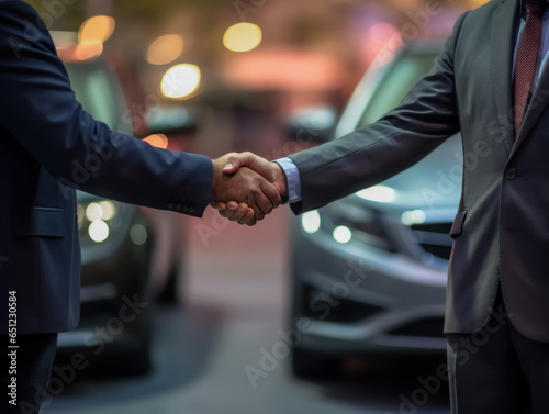 Male businessmen shake hands for work and agree on business integration and car trading. successful negotiations Businessmen shake hands in the background of a car showroom. © เลิศลักษณ์ ทิพชัย