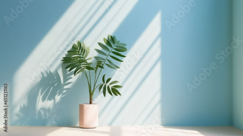 Image of a white vase with a blue empty background. Interior design inspiration with green plants and white vases on the table in the home. © เลิศลักษณ์ ทิพชัย