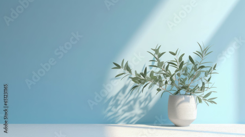 Image of a white vase with a blue empty background. Interior design inspiration with green plants and white vases on the table in the home.