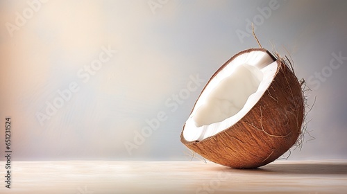  a half eaten coconut sitting on top of a wooden table. generative ai