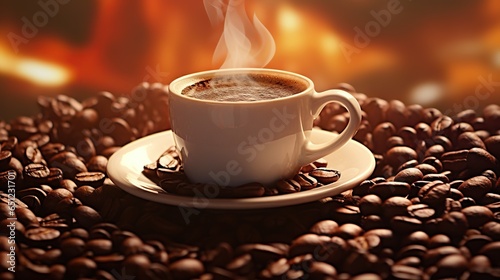  a cup of coffee on a saucer surrounded by coffee beans.  generative ai