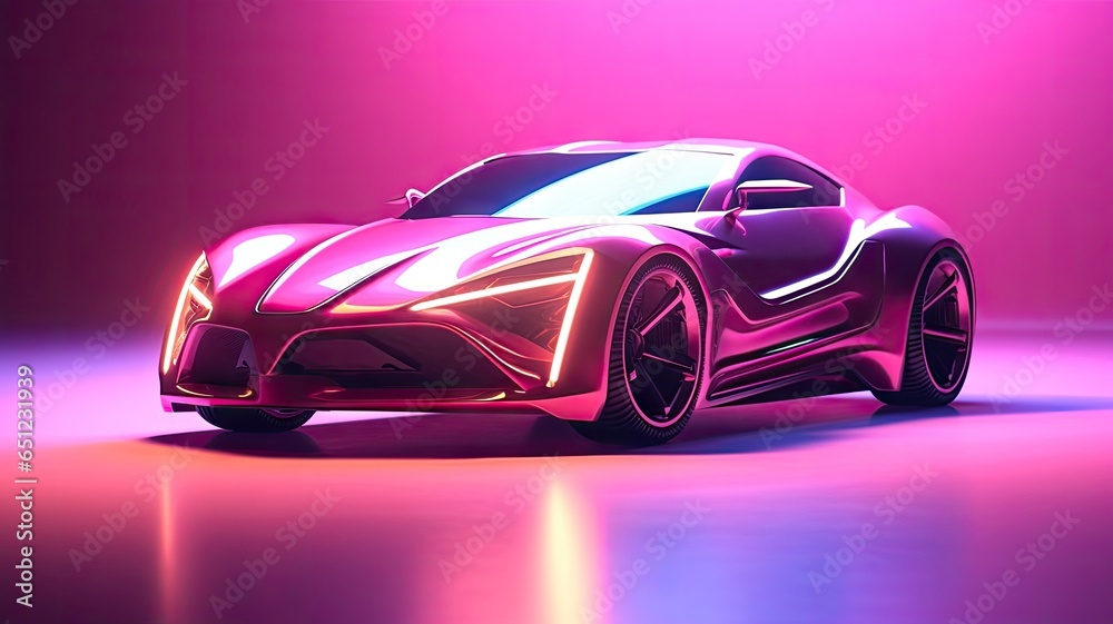 Futuristic concept car with pink and blue cyberpunk neon light in the showroom background.