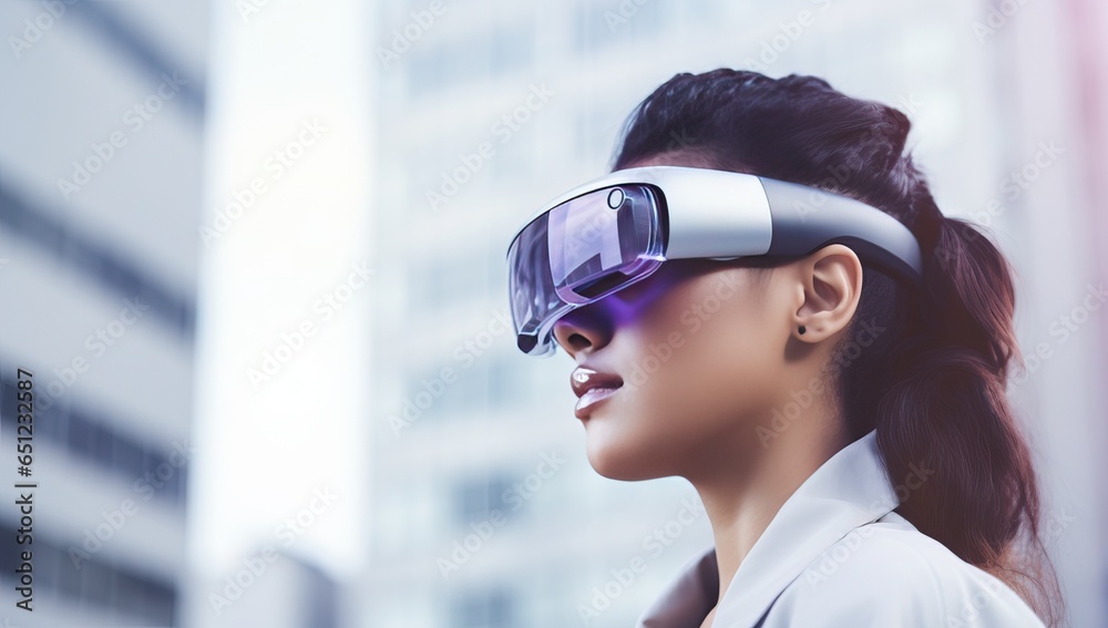Young woman wearing virtual reality goggles outdoors. Future technology concept. Young woman wearing virtual reality goggles outdoors. Future technology concept.