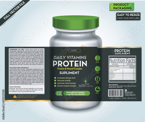 Protein Label, Supplement Label Design, Vitamin bottle packaging, Fitness, vitamin bottle and pills, Medicine pack, Multivitamin, omega, diet pack, Health pack, Body maker, vector bottle mockup
