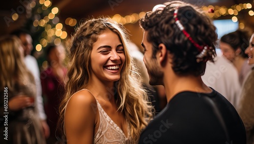 Beautiful young couple dancing and having fun at a party in a restaurant