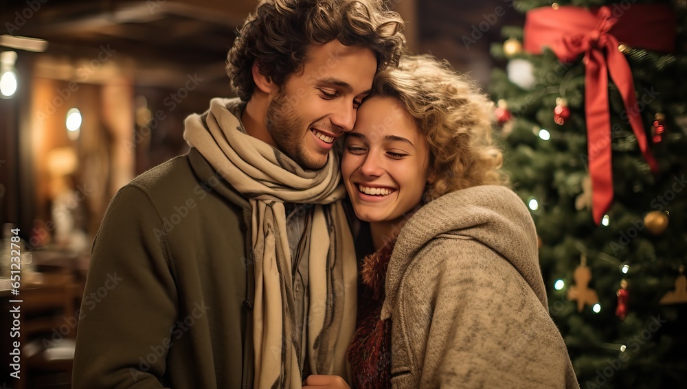 Couple in love looking at each other in Christmas decorated interior.