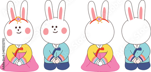 한국 명절 인사하는 토끼 캐릭터 커플