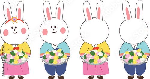 한복입고 송편들고 있는 토끼 커플 캐릭터