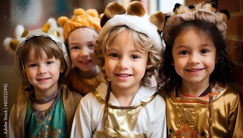 Group of happy children in christmas costume looking at camera and smiling