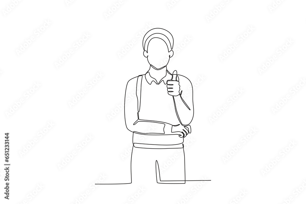 A student gave a thumbs-up. International students day one-line drawing A student gave a thumbs-up. International students day one-line drawing