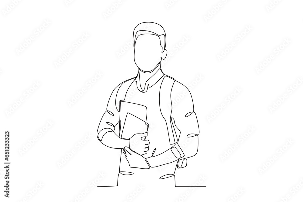 A man wearing a backpack with a book in his hand. International students day one-line drawing