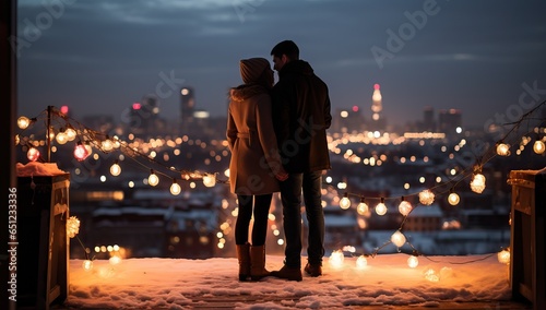 Couple in love standing on the roof and looking at the city at night