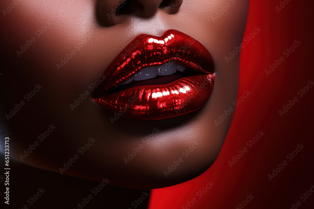Beautiful black woman glossy red lips, close-up, black skin - obrazy, fototapety, plakaty 