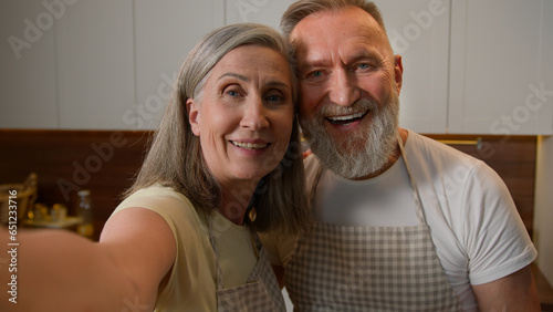 Webcam view happy senior retired family couple chefs record video recipe food blog in kitchen old Caucasian grandparents woman and man talk live stream culinary hobby healthy eating love relationship