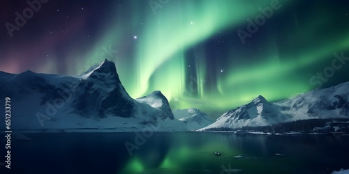 Aurora borealis above the snow covered mountains in Lofoten islands, Norway. Northern lights in winter. Night landscape with polar lights