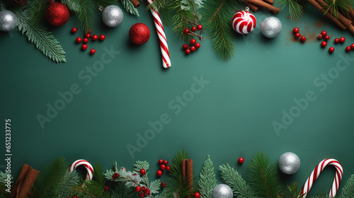 Christmas frame with Christmas decorations and green background with space for text: pine cones, candy cane, cinnamon sticks, Christmas balls and fir branch.