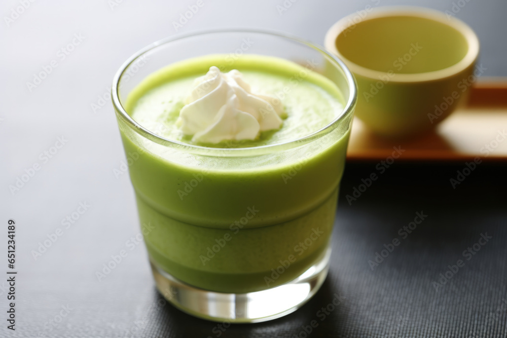 Japanese iced matcha latte, green tea with milk, soy milk, traditional matcha tools Japanese iced matcha latte, green tea with milk, soy milk, traditional matcha tools