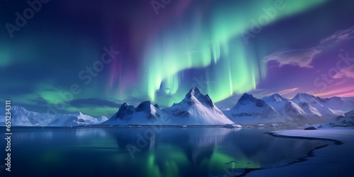 Aurora borealis above the snow covered mountains in Lofoten islands, Norway. Northern lights in winter. Night landscape with polar lights © Jing