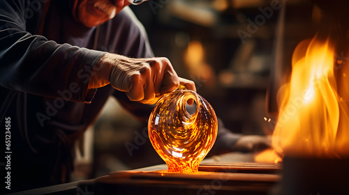Skilled glassblower shaping molten glass into a delicate vase