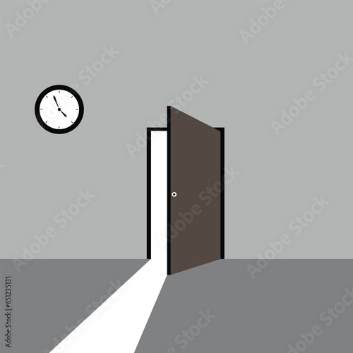  light going through the open door isolated on grey background, Architectural design element, Modern minimal concept, Opportunity metaphor, Clock on wall,