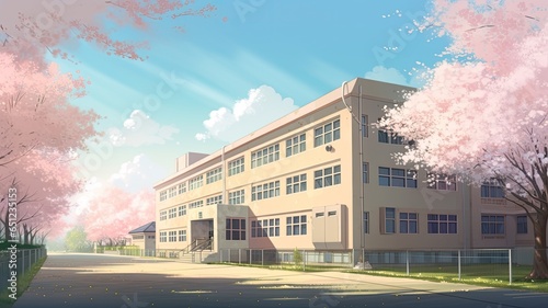 桜咲く春の小学校と校舎　Generative AI photo
