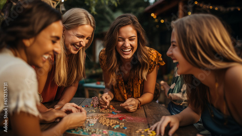 Smiling faces gathered around a board game photo